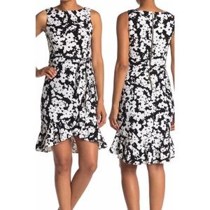 NWT CALVIN KLEIN PRINTED SCUBA CREPE SIDE ruffle‎ dress. Black and white.…